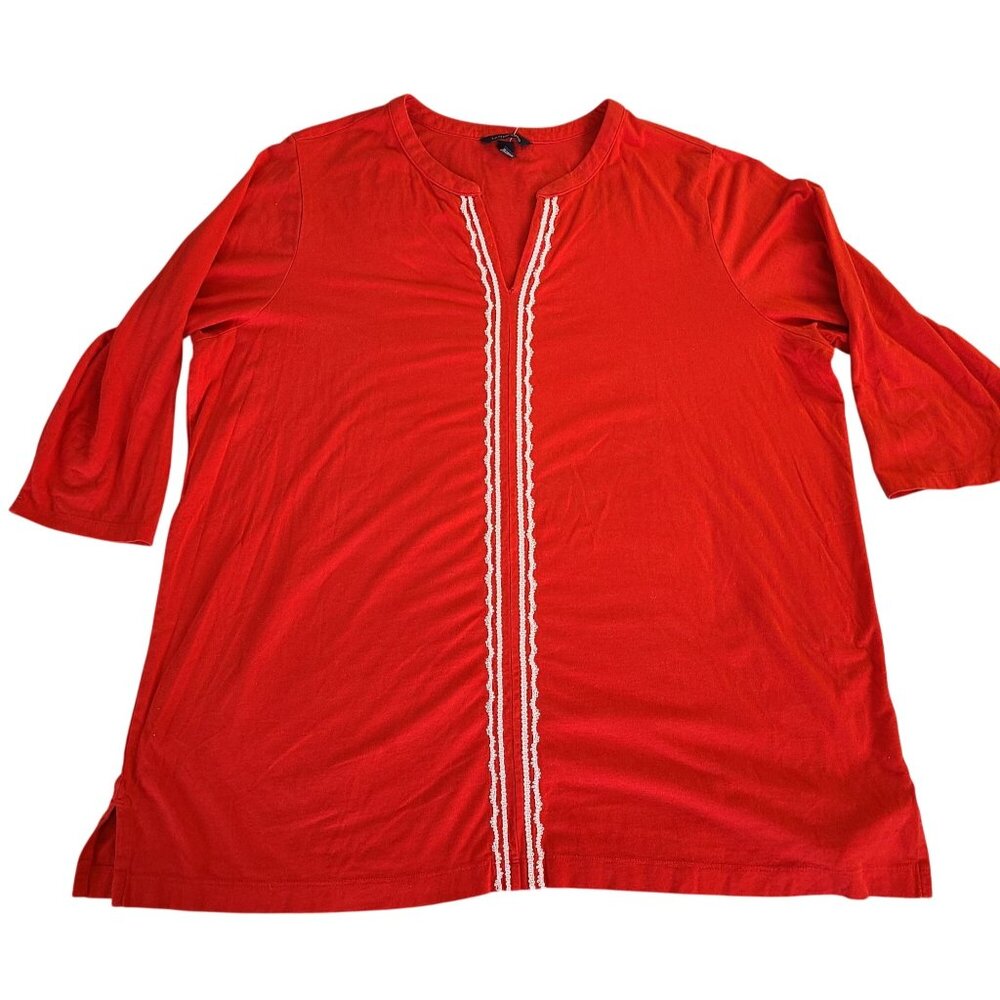 Lands End Red 3/4 Sleeve Tunic Top Size 2X 20W-22W White Embellished Trim